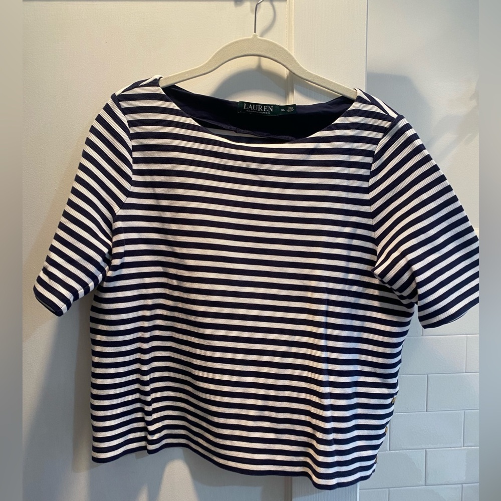 Lauren- Short Sleeve Ponte Knit Top with Gold Button Detail, Navy/White, Size XL